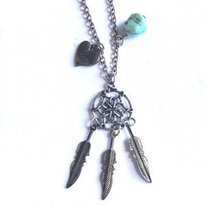 Dreamcatcher & Feather Heart Rock Stone Necklace NWOT Silver Chic Aztec